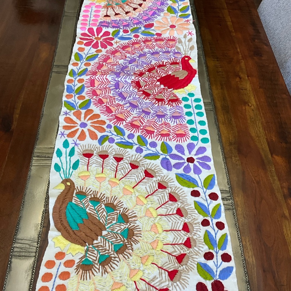 Hand Embroidered Peacock Table Runner